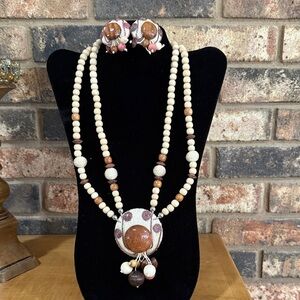 Vintage Tribal Inspired wooden beaded statement necklace and clip earrings set